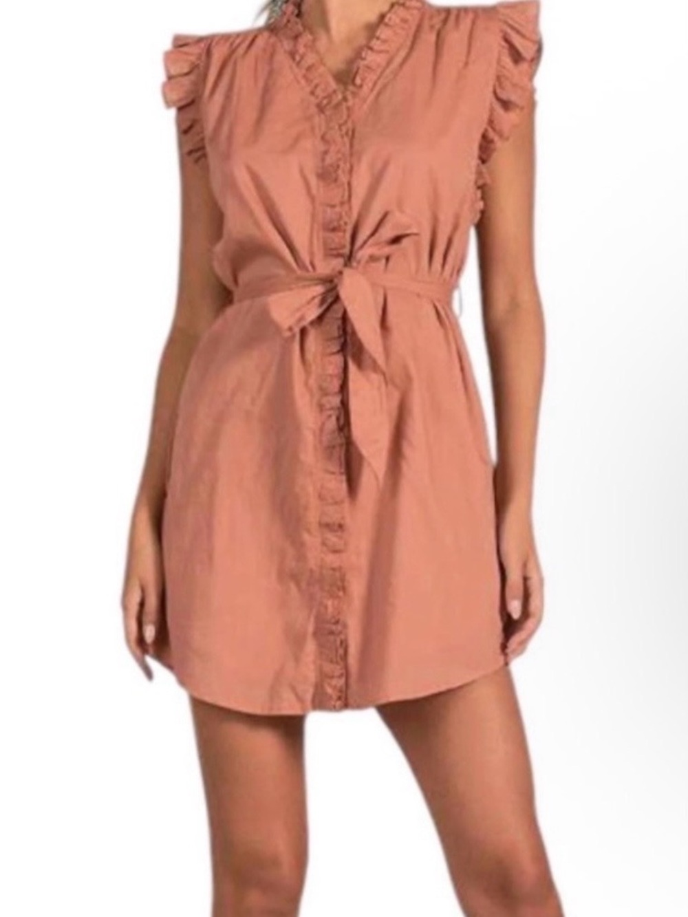 Elan Terra Cotta Ruffle Tie-Front Cotton Mini Dress Size Small